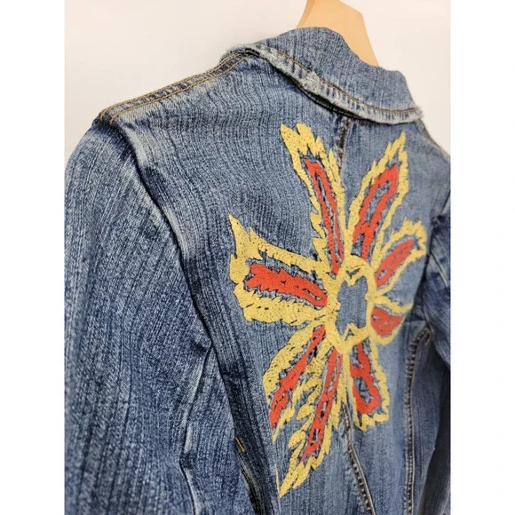 Tempo 2 Denim Jean Jacket Embroidered Collared Yellow Red Y2K 90s Cotton Flower - Picture 4 of 10